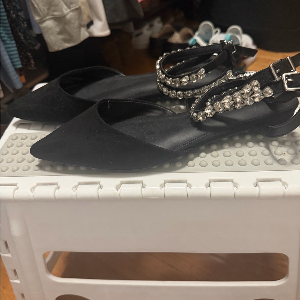 Express Black Pointed-Toe Flats with Rhinestone Ankle Straps - Picture 2 of 3